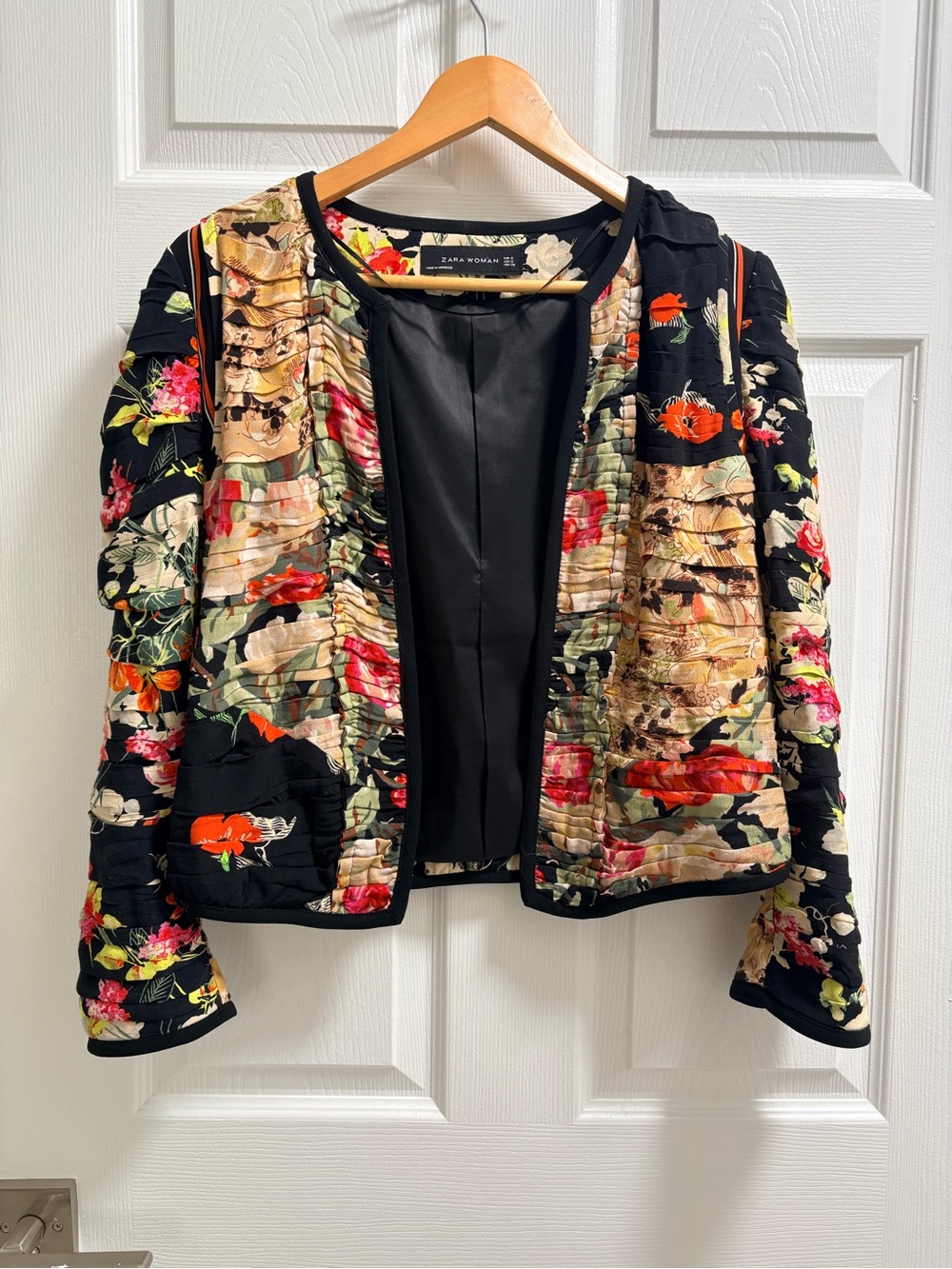 Zara Black Quilted Floral Blazer with Multicolor Blooms